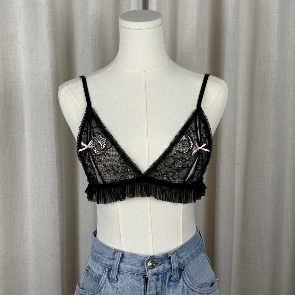 Victorias Secret Sexy Little Things Black Lace Bralette Pink Bows Medium